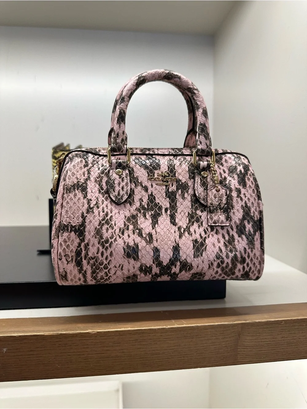 NWT Coach Mini Rowan Crossbody Bag snake embossed leather/Gold/Pink
